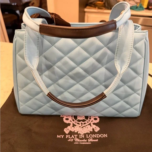 NWT My Flat in London Light Blue Quilted Blue Handbag/Tote with brown velvet bee